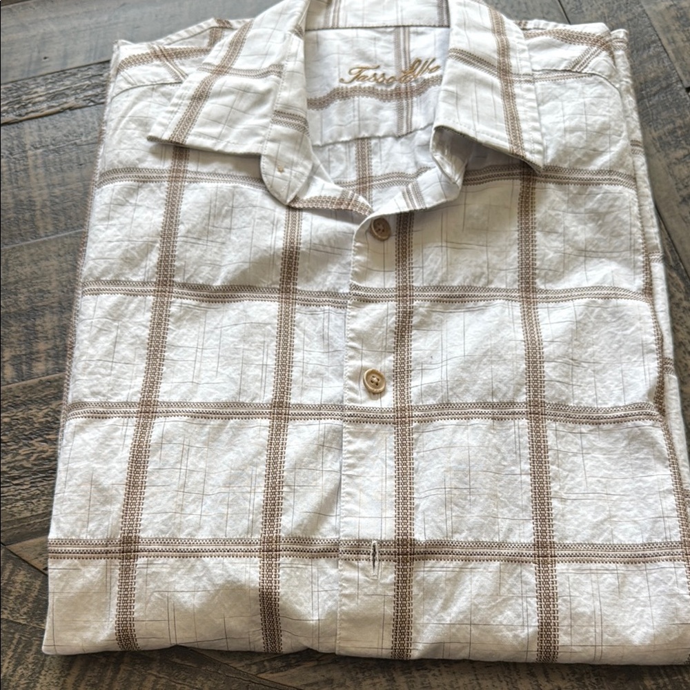 Men's White and Brown Plaid Shirt